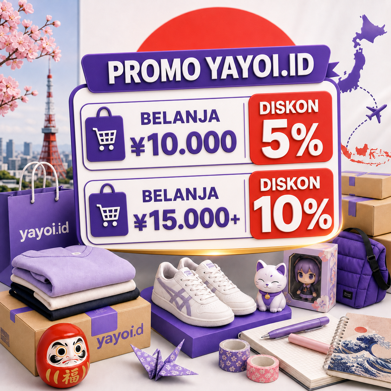 Promo yayoi.id, diskon 5 persen mulai 10.000 yen dan 10 persen mulai 15.000 yen